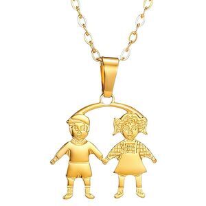 18K Gold Plated Women's Children Boy Girl Figure Hold Hands Necklace Family